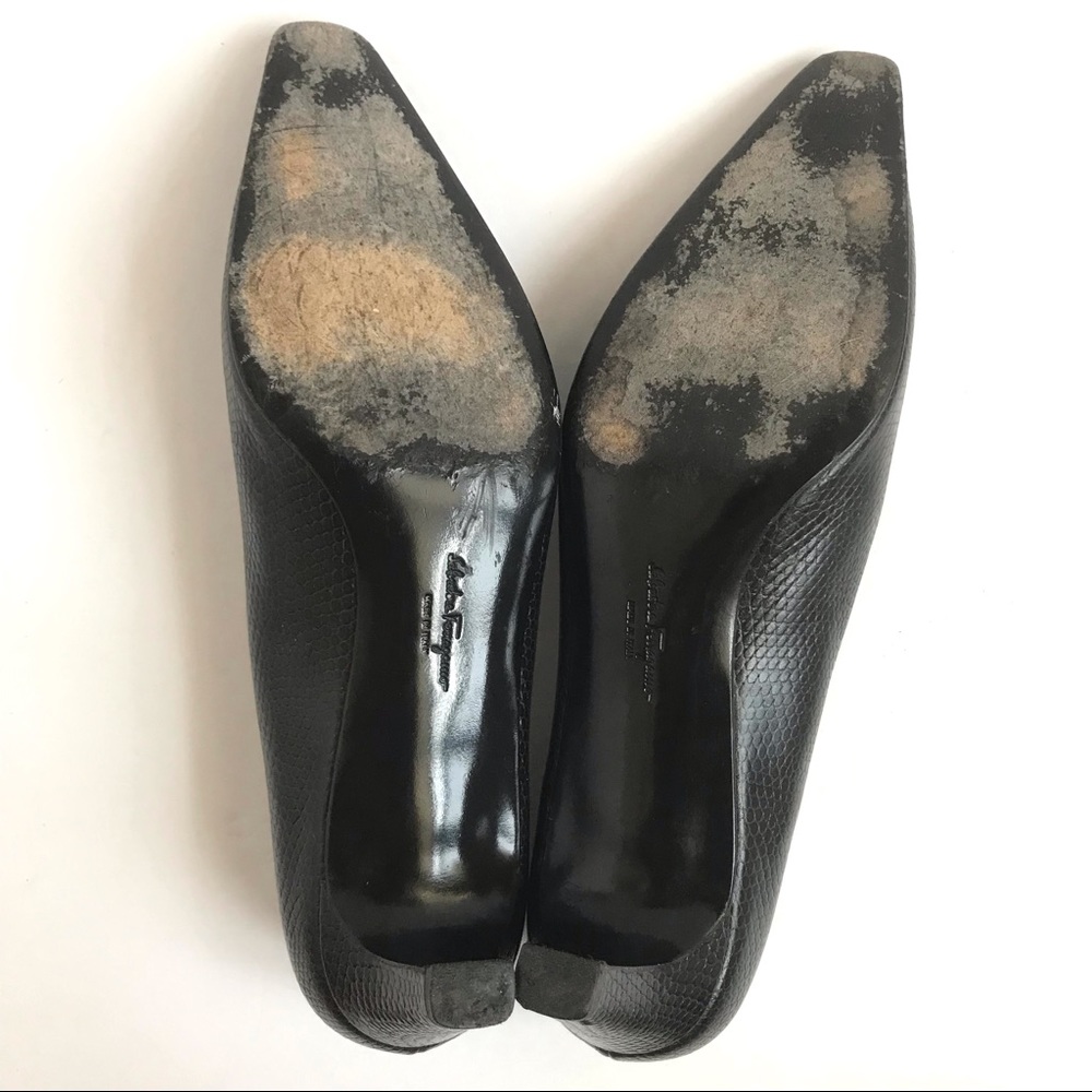 Salvatore Ferragamo Black Snakeskin Leather and Classic Gancini Logo Heel 8 - Picture 7 of 11